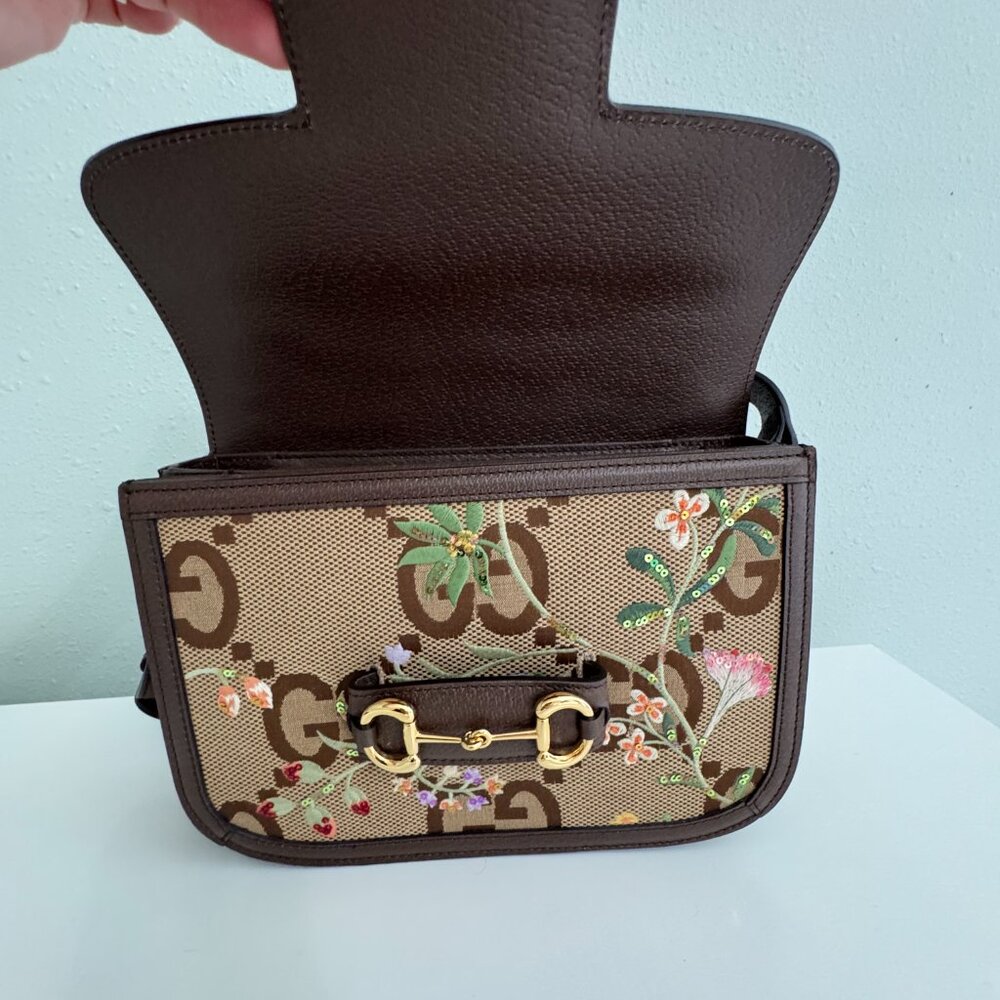 Gucci Horsebit Jumbo GG Floral Embroidered Accordion Shoulder Bag - Picture 7 of 17